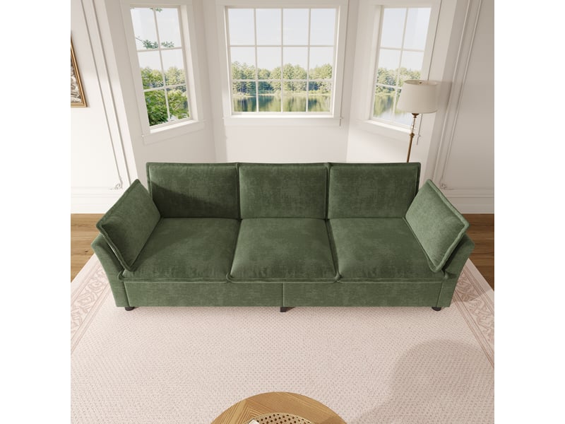  Canapé de salon 3 places 220x81x87 cm, confort moelleux effet nuage avec cadre métal et 2 coussins d’accoudoirs, chenille, vert  - Conforama D