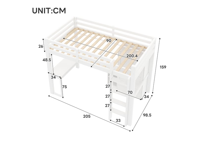  Lit mezzanine 90x200 cm blanc avec bureau, armoire, usb et éclairage led  - Conforama C