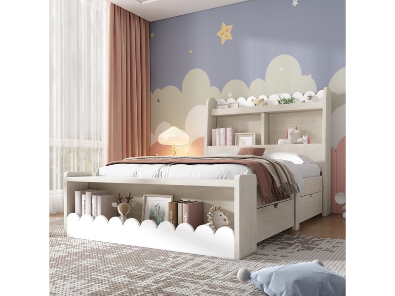  Lit enfant 90x190 bois massif chêne, 2 tiroirs 50cm profondeur, banquette rangement, décoration ondulée, sans matelas, blanc  - Conforama E