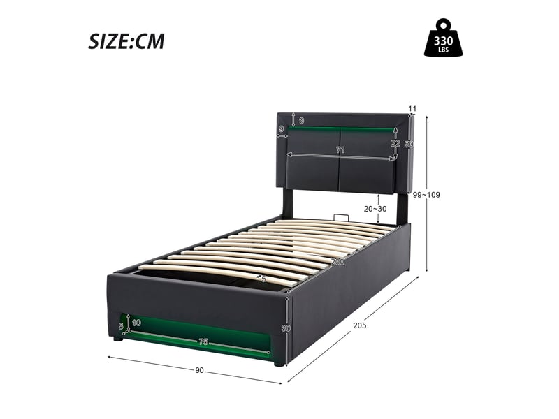 Lit rembourré 90x200 cm avec led, usb et rangement, pu noir - Conforama E
