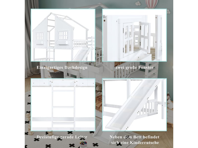  Lit superposé enfant 90x200, sécurité renforcée lit superposé cabane, toboggan, gain d'espace  - Conforama E