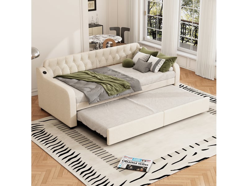  Canapé-lit gigogne 90x200 cm avec prise usb en tissu de lin beige  - Conforama C