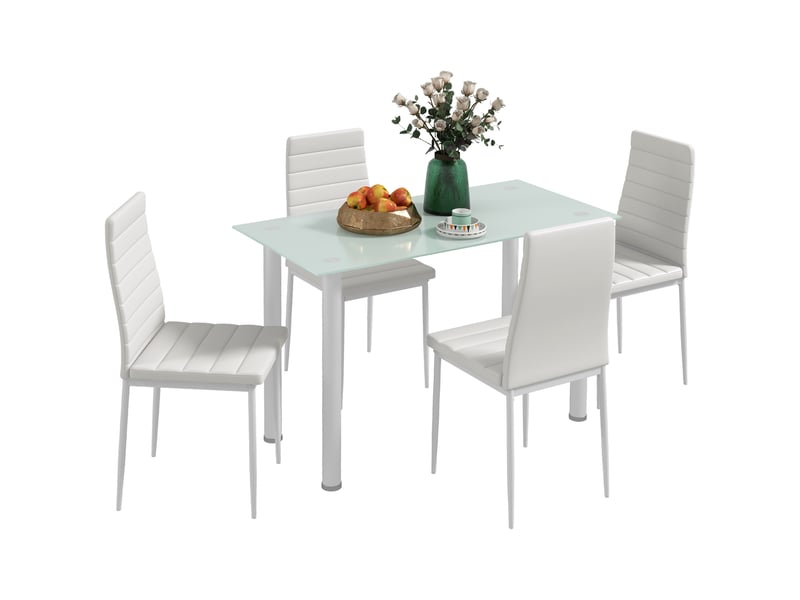  Ensemble de salle à manger 5 pièces, coin salon, table et 4 chaises, design moderne, table en verre, blanc  - Conforama A