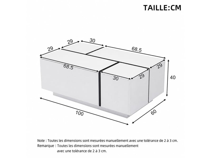  Table basse moderne blanche et noire – 4 tiroirs – plateau brillant – 100 x 60 x 40 cm  - Conforama D