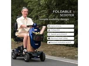 Scooter électrique de mobilité pour seniors 300 w, charge 136 kg, autonomie jusqu’à 25 km, appuie-tête pivotant à 360°, bleu