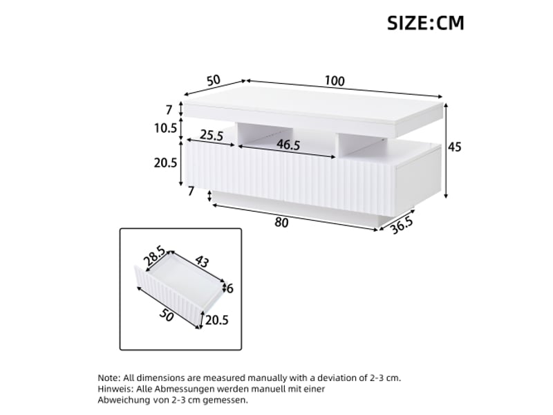 Table basse blanche 100x50x45 cm - 2 tiroirs - plateau thermoformé sous vide à rayures verticales - led intégrée - Conforama C