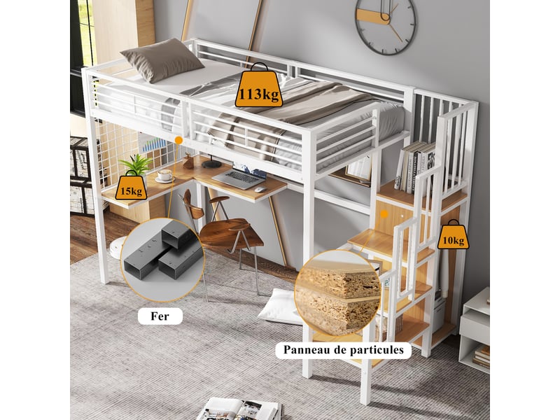  Lit superposé enfant 90x200cm avec toboggan et barrière anti chute cadre de lit en bois massif, blanc  - Conforama B
