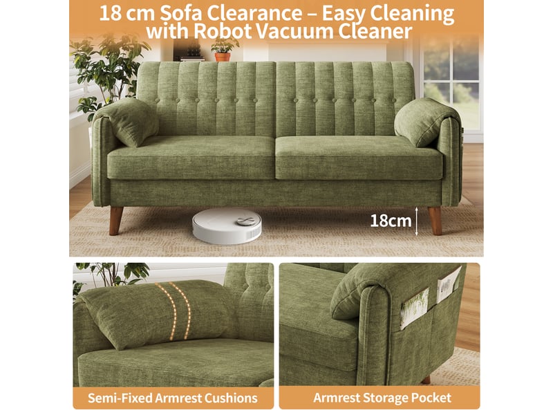 Canapé 2 places en chenille vert, divan moderne avec coussins épais, siège confortable avec poches latérales pour salon & petits espaces - Conforama D
