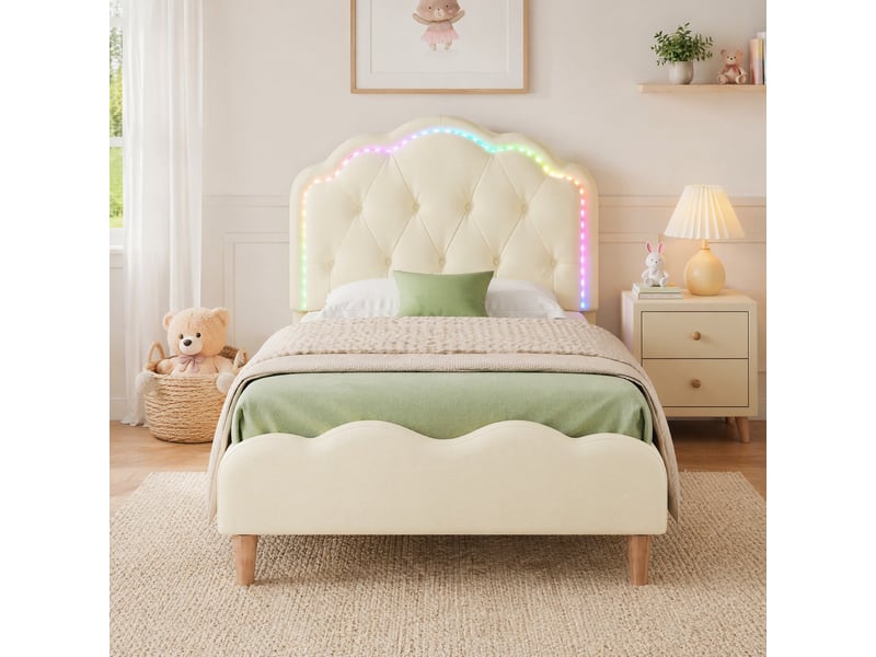  Lit enfant 90x200 cm avec led multicolores, tête de lit ondulée en pu beige  - Conforama C