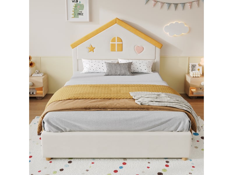  Lit enfant rembourré 140x200 cm, tête de lit maison, 4 tiroirs de rangement, velours français, contreplaqué, beige OMNIGLINT TRADING LTD - Conforama B