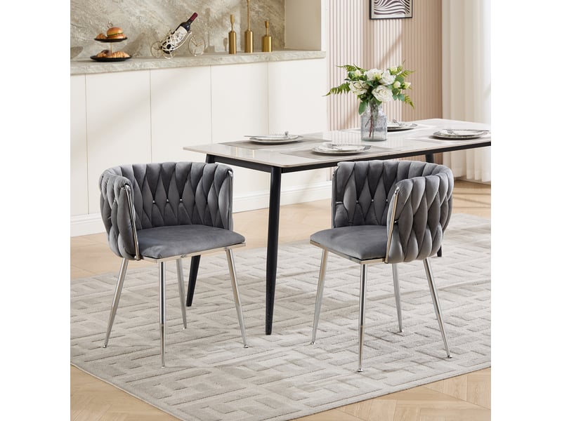  Lot de 2 chaises de salle à manger avec revêtement en velours  grises, piètement en métal argenté  - Conforama B