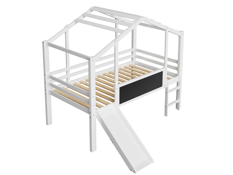  Lit enfant 90x200 cm style maison avec toboggan et tableau noir, sécurisé et gain de place, bois, blanc, sans matelas  - Conforama E