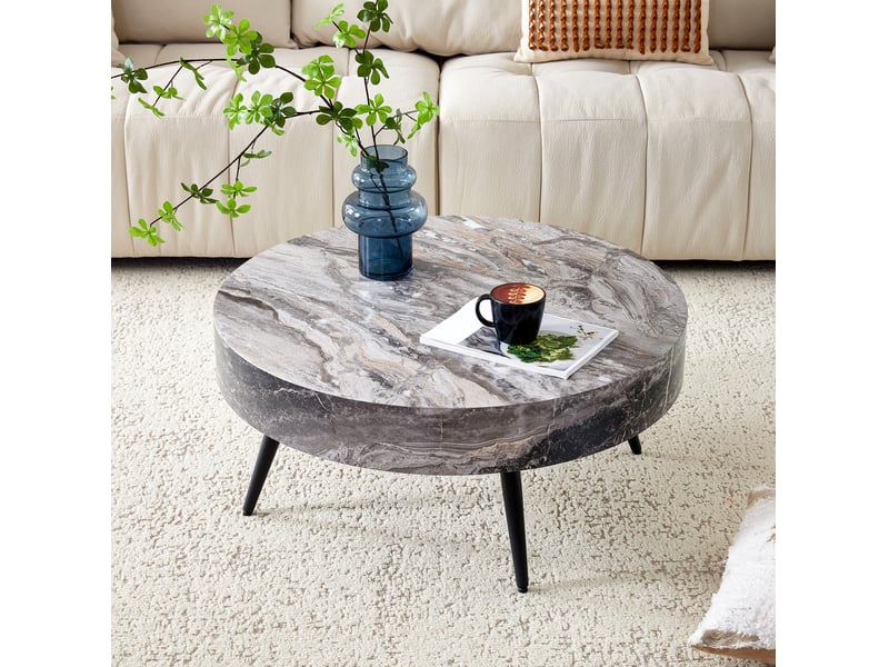  Table basse ulevr ronde ø 70 cm, décor marbre gris, pieds métalliques noirs réglables, hauteur 35,5 cm  - Conforama B