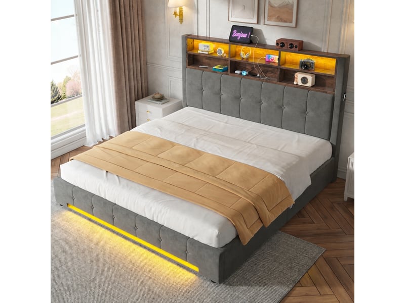  Lit coffre avec mécanisme hydraulique, velours, tête à 6 compartiments, usb-c et led, gris foncé, 180 x 200 cm  - Conforama D