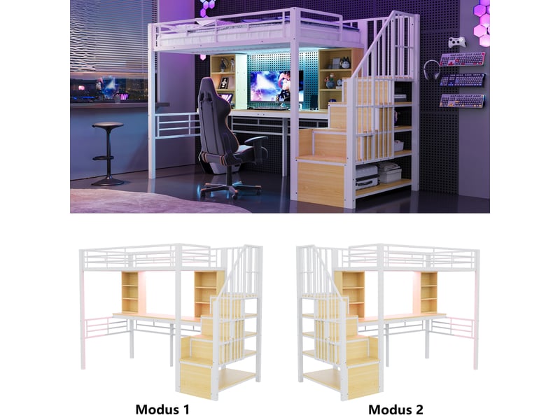  Lit mezzanine blanc 90x200 cm en métal et mdf, bureau, escalier de rangement réversible, led et prise intégrée  - Conforama E