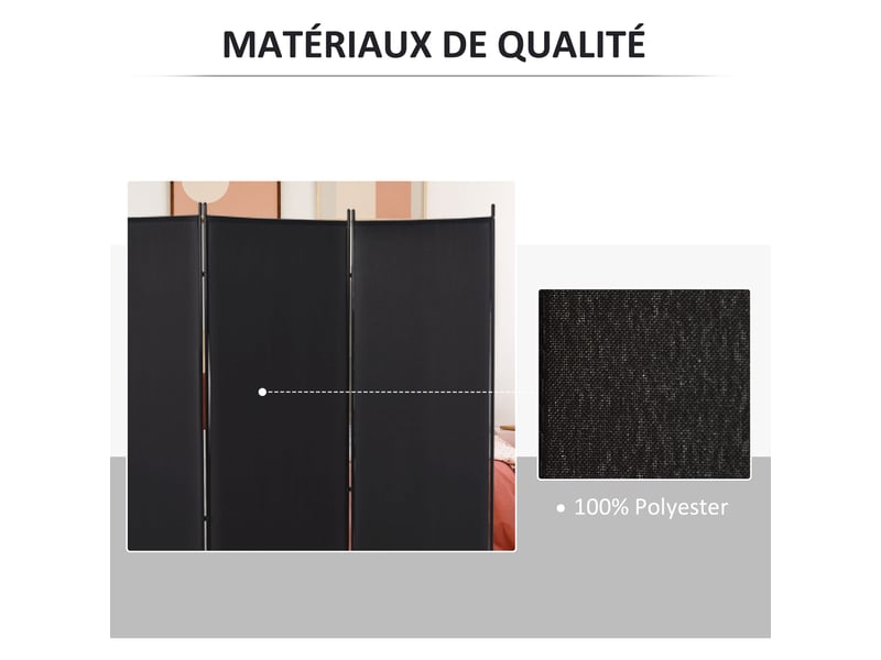  Paravent 3 panneaux dim. 2,53l x 0,5l x 1,82h m store latéral brise-vue paravent sur pied métal séparateur polyester  - Conforama E