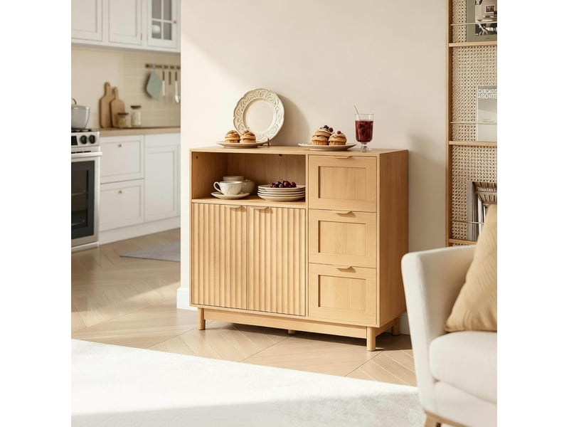  Buffet 90x35x80 cm à 3 tiroirs en mdf et panneaux de particules, effet bois  - Conforama D