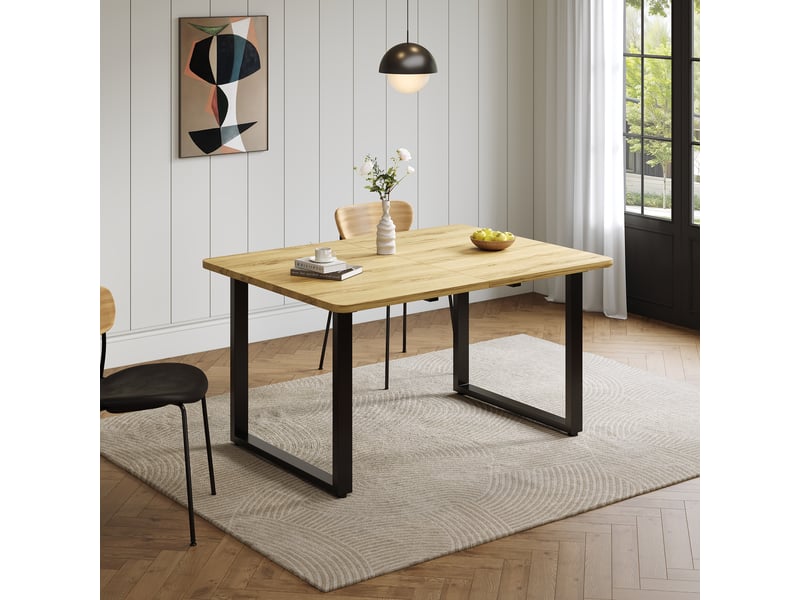  Table à manger extensible 3 longueurs 140180220 x 80 cm, mdf bois naturel, pieds métal, 6 à 10 couverts WG - Conforama E