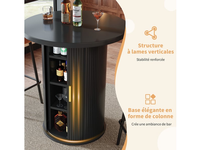  Meuble bar rond avec 1 porte coulissante et 4 étagères de rangement, en mdf et métal, pour salon, 60 × 60 × 91,6 cm  - Conforama E