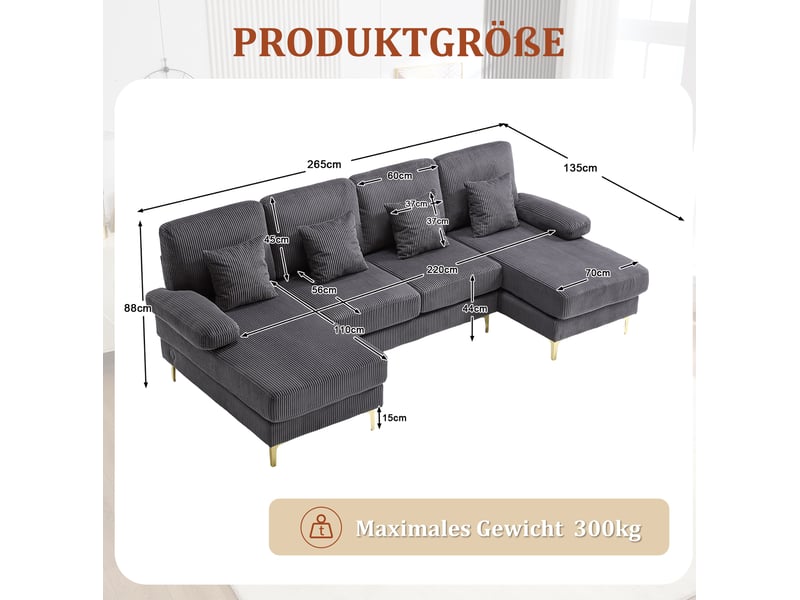  Canapé en u 4 places en velours gris avec led et port usb-c, 265 × 135 × 88 cm, confort pour le salon  - Conforama C