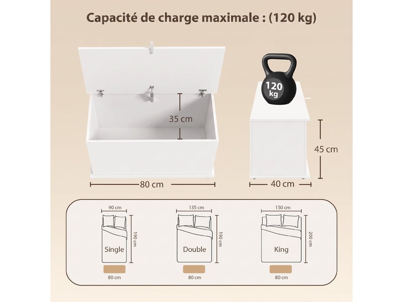 Coffre de rangement avec couvercle rabattable blanc 80 x 40 x 45 cm  - Conforama C