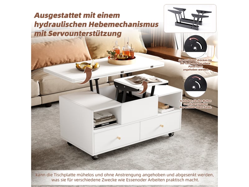  Table basse relevable avec 4 tiroirs, niches et plateau pliant sur roulettes pour salon en mdf blanc 100×50×47,5 cm  - Conforama E
