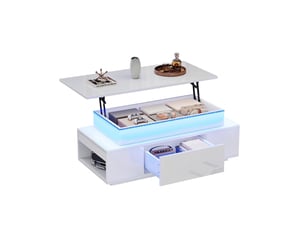 Table basse plateau relevable led avec rangement caché, 96x45x40 cm, bois d'ingénierie, blanc laqué