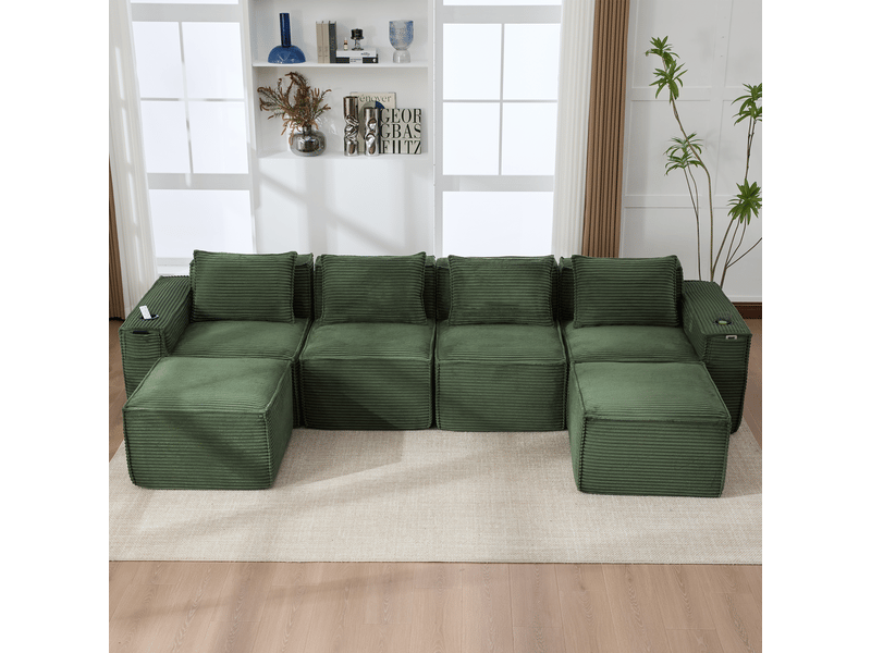  Canapé modulable vert 4 places en velours côtelé avec deux poufs, ressorts et mousse haute densité, pour salon contemporain  - Conforama D