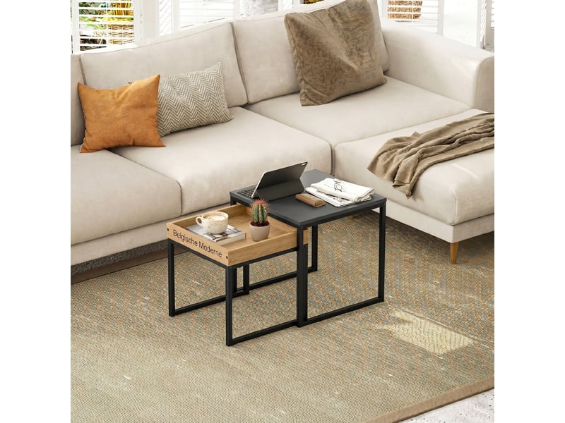  Lot de 2 tables basses gigognes carrées, tables gigognes de salon avec cadre en acier, noir, style moderne  - Conforama W
