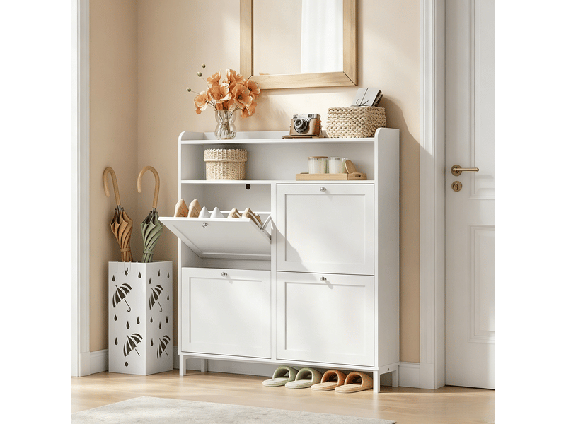  Meuble à chaussures étroit 4 abattants - lpospi - rangement 8 à 12 paires, métal et panneaux de particules blanc  - Conforama C
