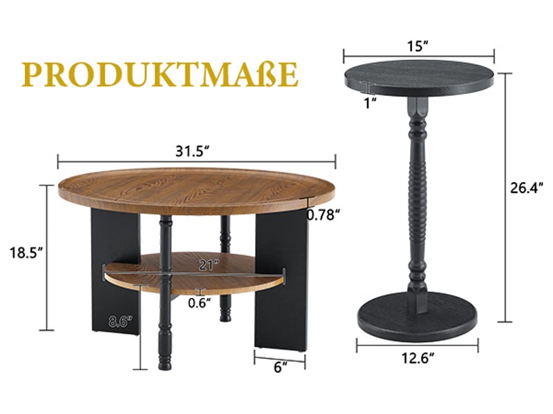  Table basse ronde et table d’appoint pour salon en mdf ø80×47 cm et ø38×67 cm noyer et noir  - Conforama E