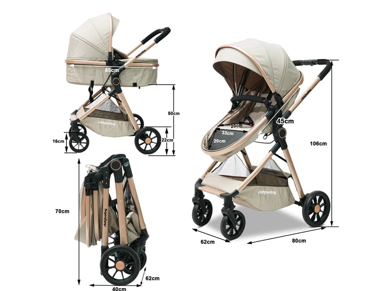  Poussette combinée 80 x 62 x 106 cm beige en tissu et mesh, siège réversible, pliage rapide, naissance à 36 mois  - Conforama C