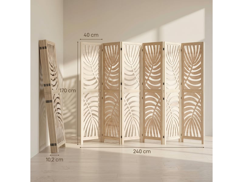  Paravent interieur en bois 6 panneaux 240 x 170 cm, pliable et portable, motif de feuille, bois naturel, design amovible  - Conforama C