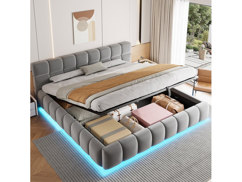  Lit coffre 180 x 200 cm gris en velours avec led et tête de lit  - Conforama D
