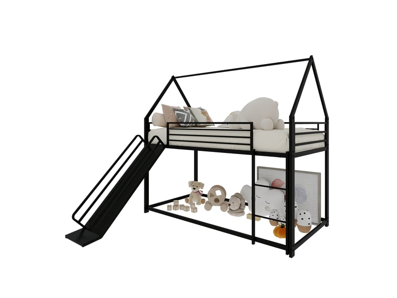  Lit superposé enfant 90 × 190 cm 2 places avec toboggan et barrières de sécurité, sans matelas, en métal noir  - Conforama A
