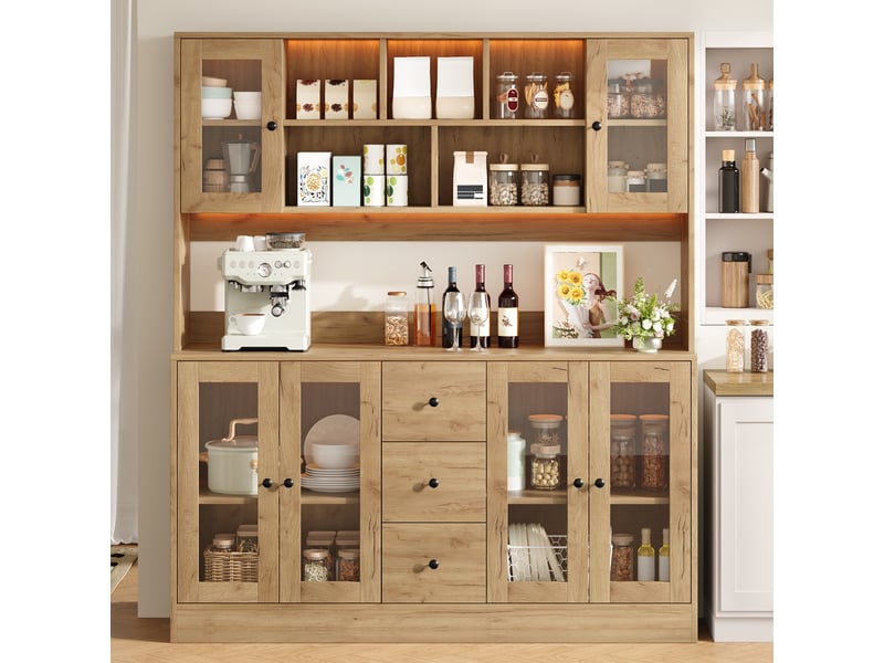  Buffet haut de cuisine 150x40x173 cm avec led rgb, 2 prises et 2 usb, 6 portes en acrylique, 3 tiroirs, étagères réglables, mdf effet bois naturel  - Conforama B