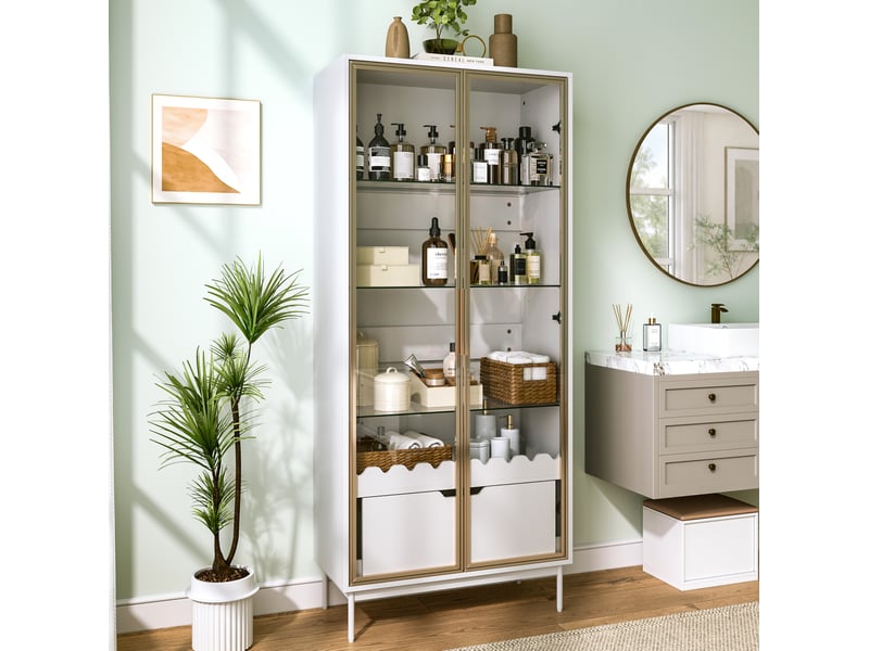 Vitrine avec porte vitrée, étagères réglables et tiroir, pieds en métal pour salon, chambre ou entrée, blanc doré  - Conforama C