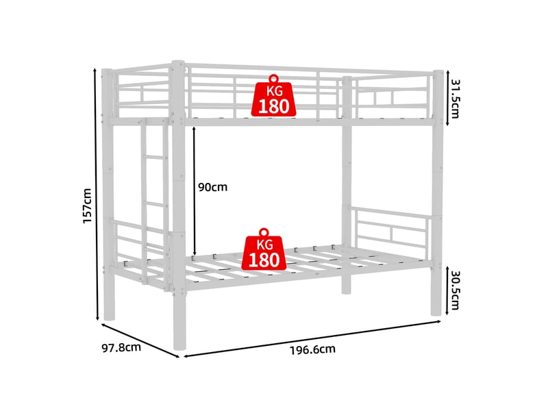  Lit superposé ulevr en métal 90 x 190 cm convertible en deux lits simples avec échelle et barrières de sécurité, blanc  - Conforama C