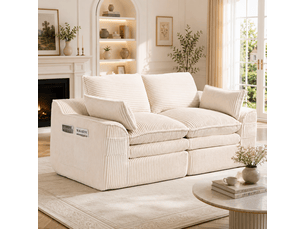Canapé droit 2 places compact, 191x94x85 cm, assise 3 couches avec ressorts, 2 coussins, poches latérales, sans montage, velours côtelé, beige