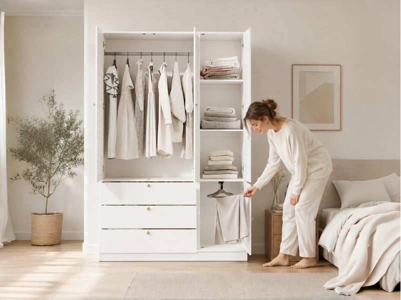  Armoire 3 portes à lamelles élégantes, 135 x 50 x 200 cm, 1 porte-pantalon, 2 tringles et 3 tiroirs, pour chambre et chambre d'enfant, blanc  - Conforama B