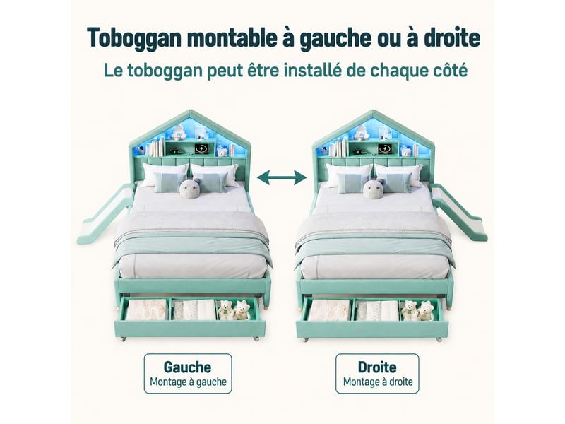  Lit enfant rembourré 140 x 200 cm avec toboggan, led, port de charge, rangement et coffre, bleu-vert  - Conforama E