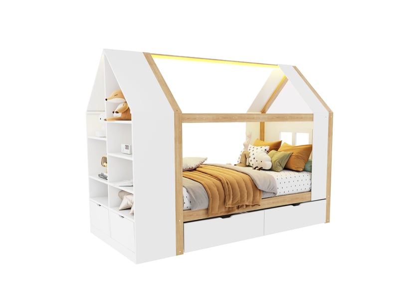  Lit cabane enfant 90x200 cm - 2 tiroirs et rangement - led - lit multifonction en bois - lit 1 place - blanc  - Conforama A