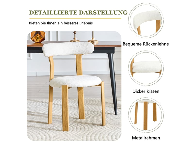  Chaise de salle à manger 79 cm bouclé respirant chaise repas bois massif de caoutchouc revêtement bouclé blanc dossier ergonomique pieds stables patins antidérapants seule  - Conforama E