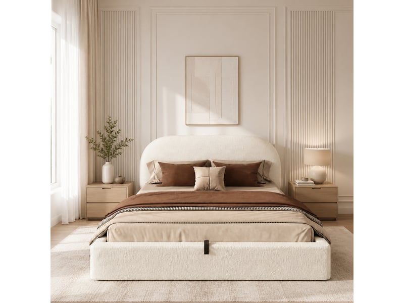  Lit rembourré 180 x 200 cm, lit double avec tête de lit capitonnée, sommier à lattes, bouclé beige  - Conforama D