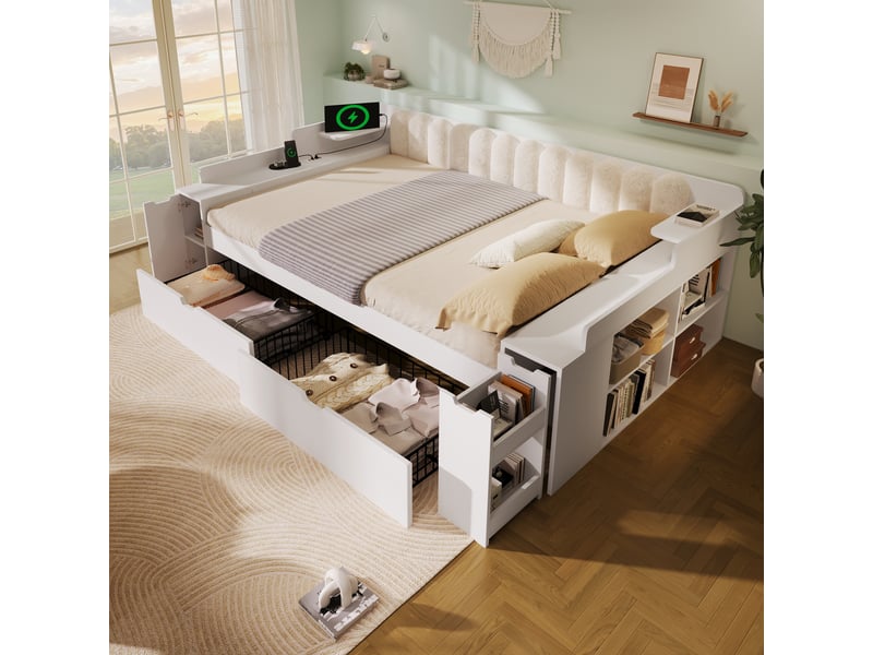  Ce canapé-lit de 140 x 190 cm est doté de deux tiroirs, d'un module mobile sur roulettes, d'étagères latérales et de compartiments de rangement.  - Conforama E