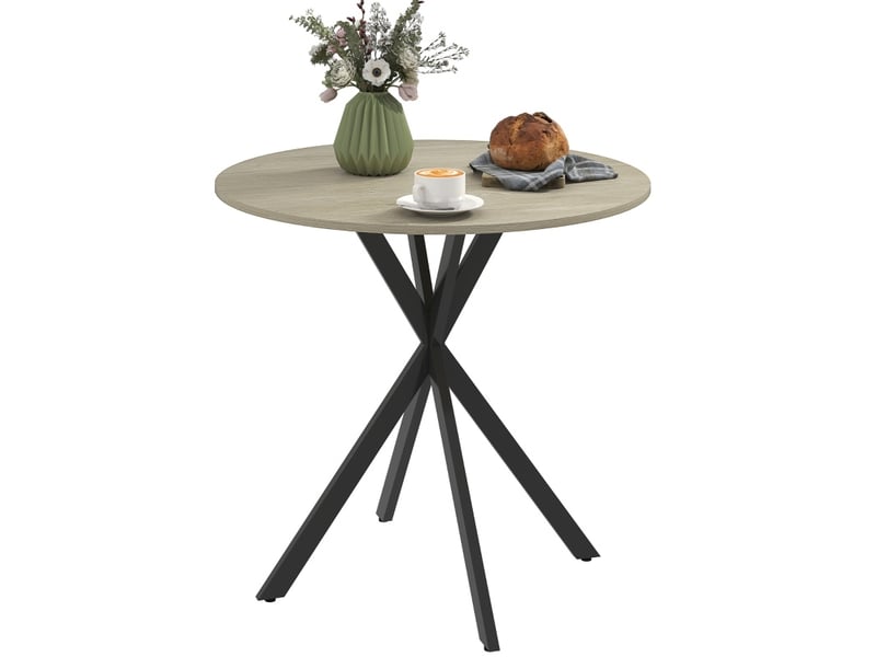  Table de salle à manger pour 2 personnes avec plateau rond et pieds en acier en x, style industriel, en bois, chêne  - Conforama C