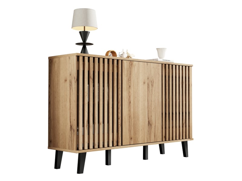  Meuble tv 3 portes en panneaux de particules bois naturel et pieds noirs 150 x 40 x 95 cm  - Conforama A