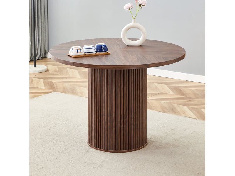  Table de salle à manger ronde pour 4 à 6 personnes avec plateau en 4 segments et rangement intégré, mdf noyer 100 cm  - Conforama D