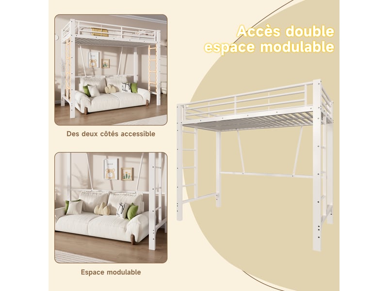  Lit mezzanine 90x200 cm coloris blanc, lit superposé enfant avec double échelle, lit en hauteur métal, sans matelas  - Conforama D