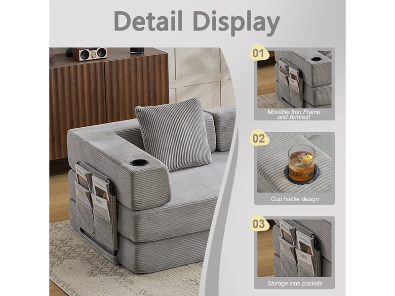 Canapé convertible, canapé-lit, gris clair, poches latérales, porte-gobelets, pour salon, en velours tricoté, chambre - Conforama E